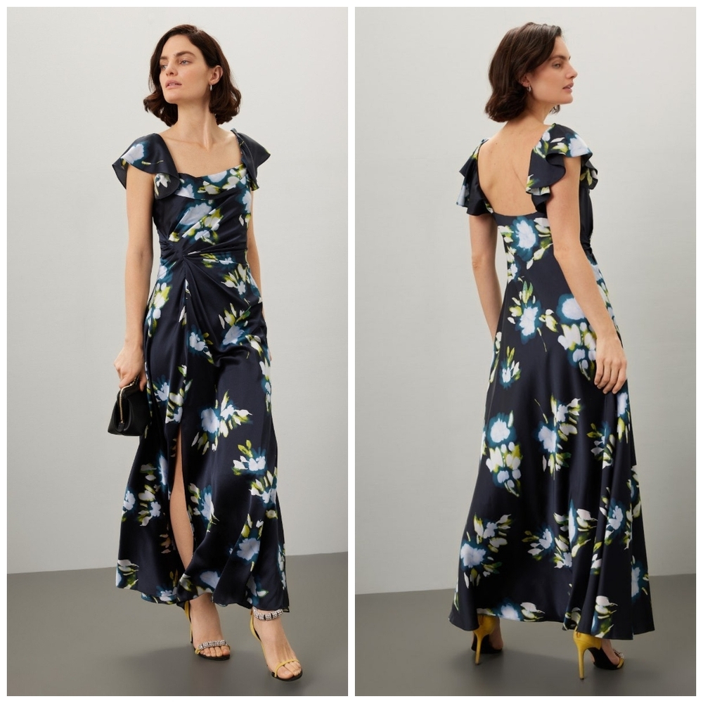 Tanya Taylor Luna Dress Maxi Floral Satin Dress, Size 2, Wedding Guest, Cocktail